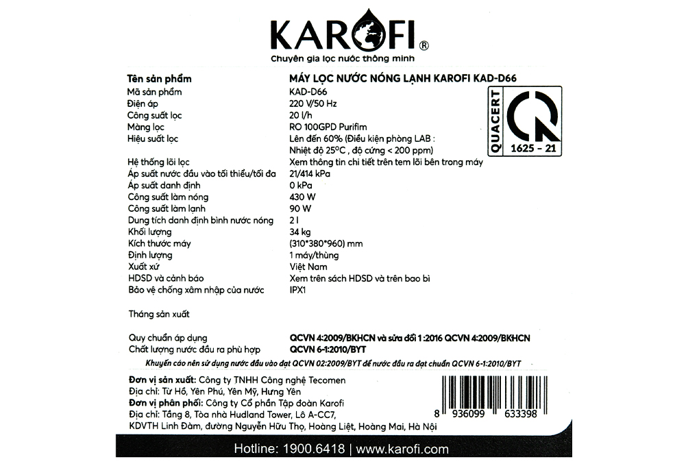 Máy lọc nước nóng lạnh Karofi KAD-D66