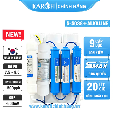Máy lọc nước hydrogen ion kiềm Karofi S-S038 + HYDRO-iON KIỀM - 9 lõi