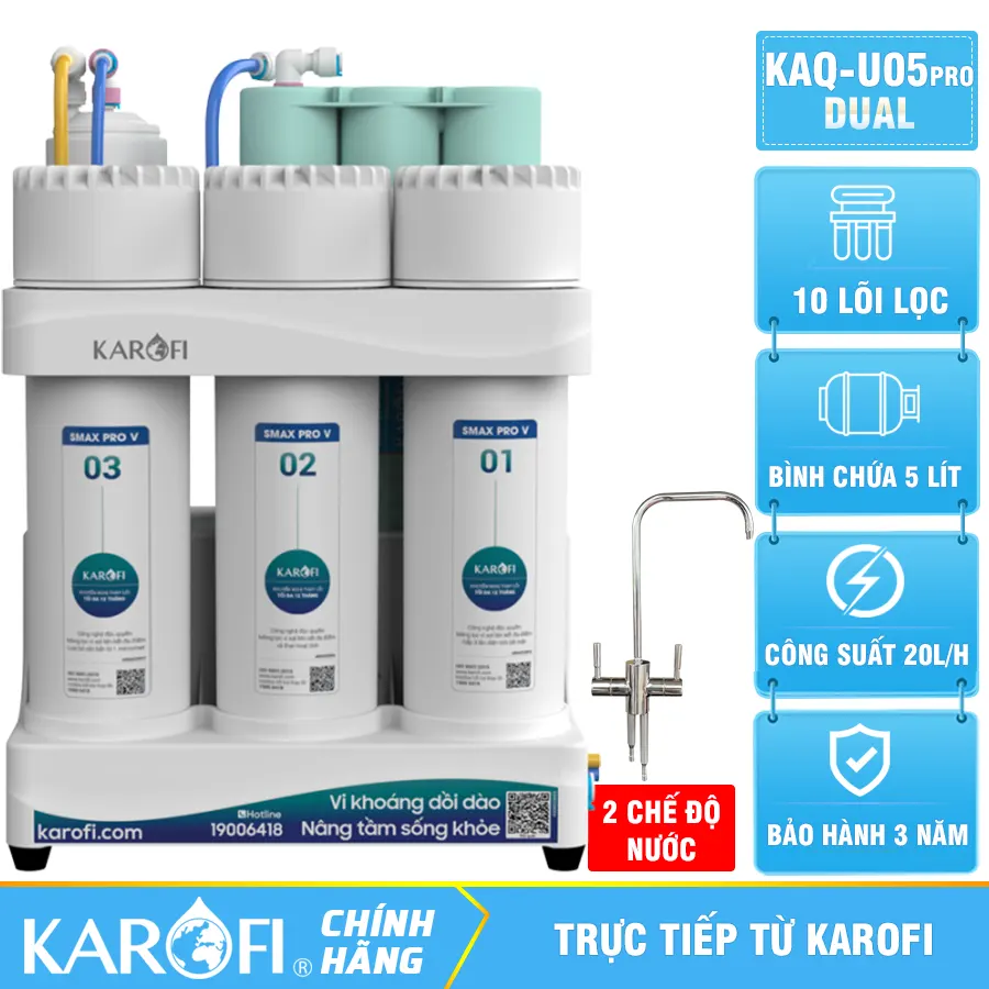 Máy lọc nước Karofi KAQ-U05 Pro-DUAL - 2 Chế độ nước