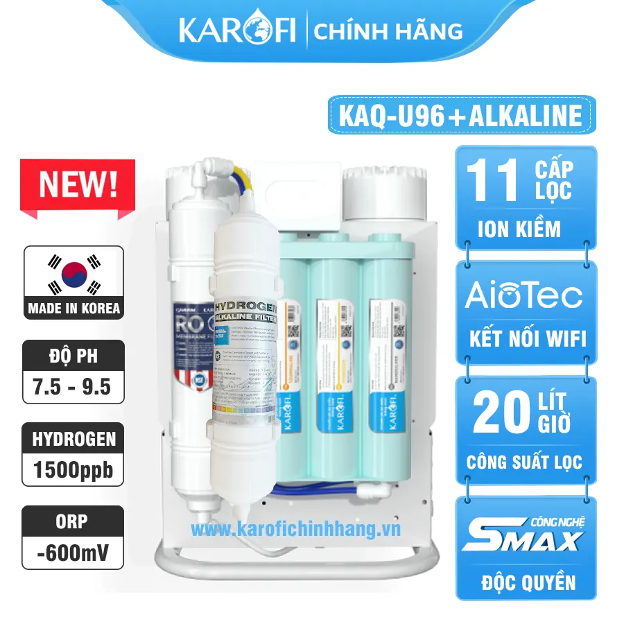 Máy lọc nước hydrogen ion kiềm Karofi KAQ-U96 + HYDRO-iON KIỀM - 11 lõi 