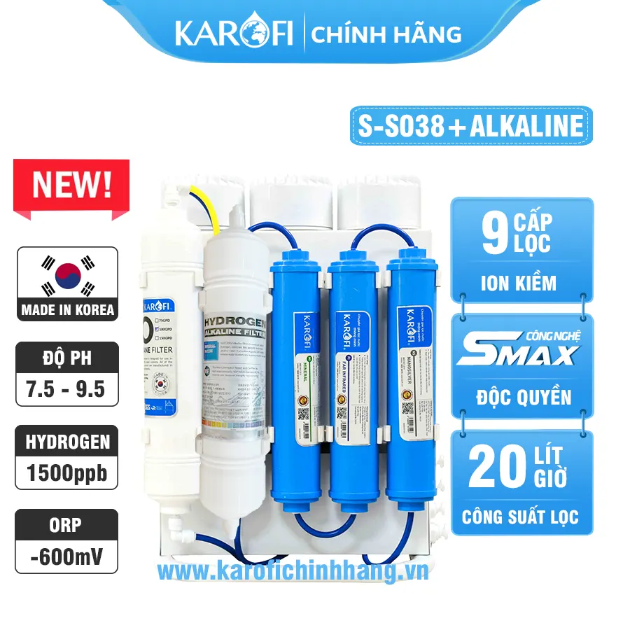 Máy lọc nước hydrogen ion kiềm Karofi S-S038 + HYDRO-iON KIỀM - 9 lõi