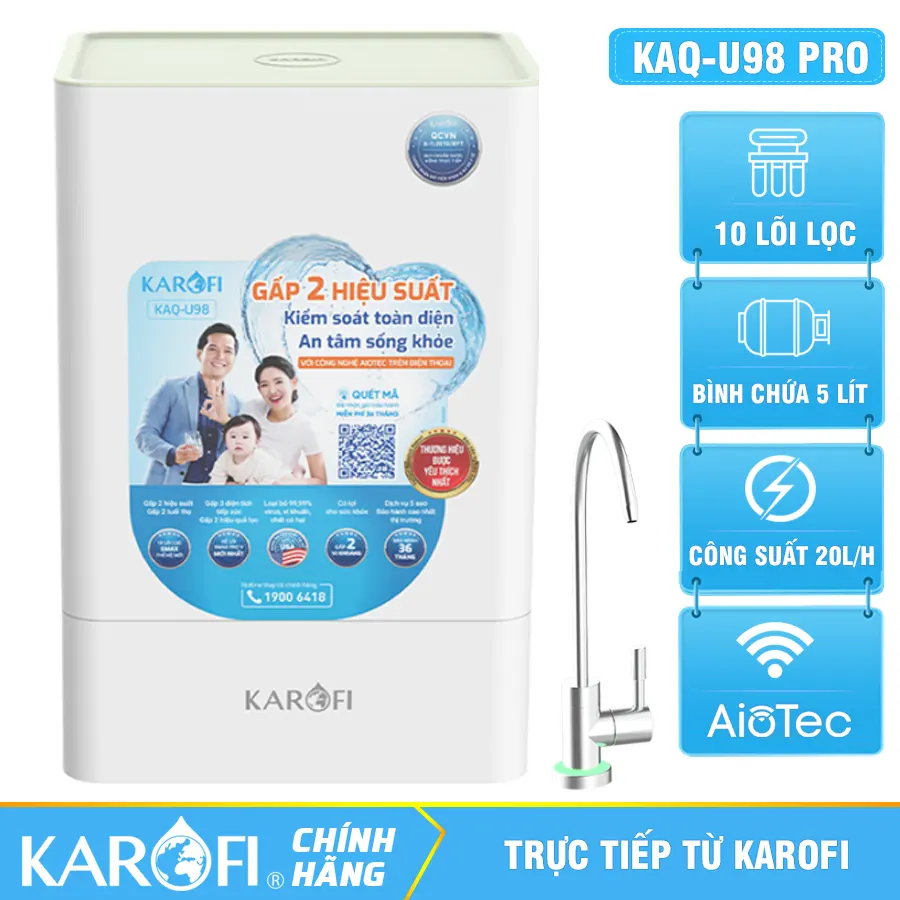 Máy lọc nước Karofi KAQ-U98 Pro - Vòi LED, 10 lõi lọc