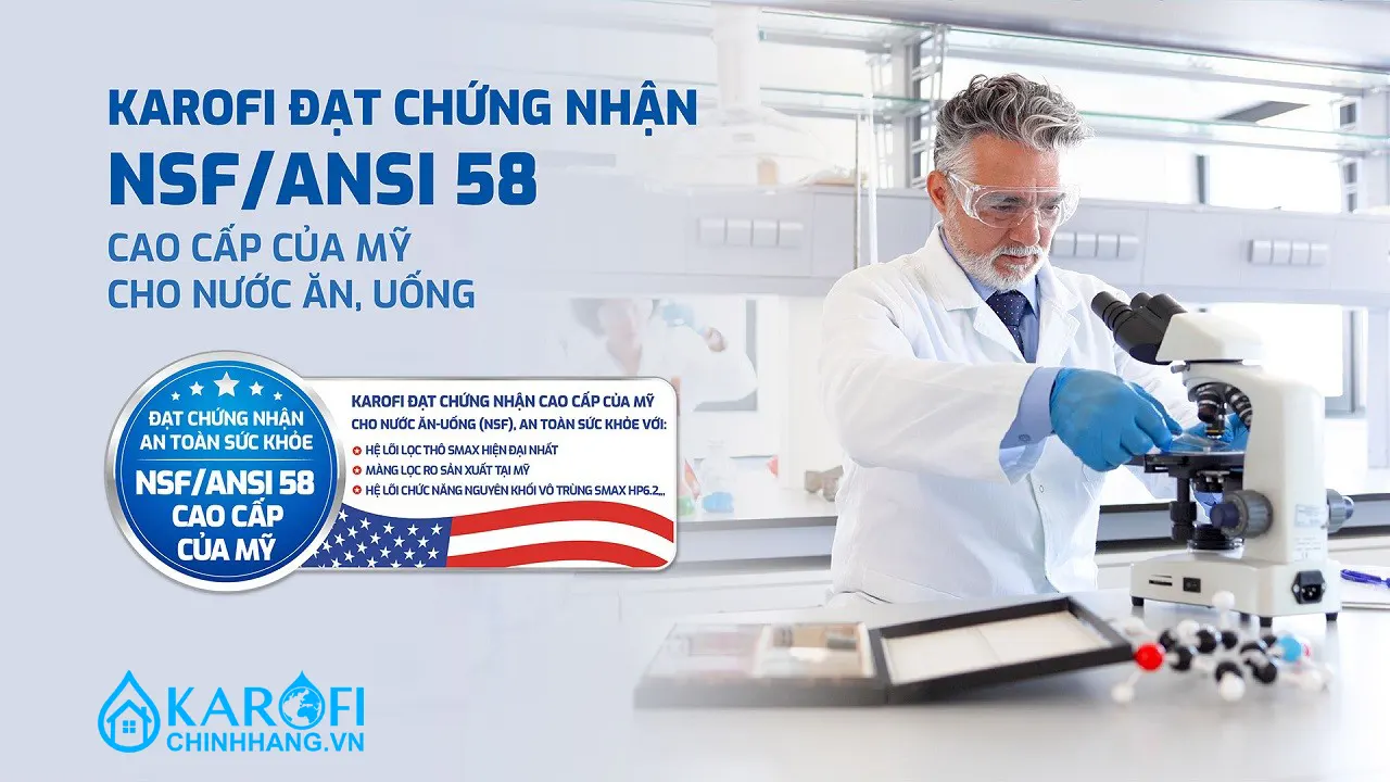 Chuẩn NFS Máy lọc nước nóng lạnh Hydro-ion Kiềm Karofi SA8 PREMIUM