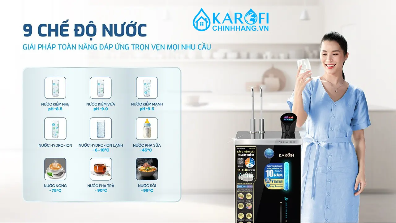 9 chế độ nước Máy lọc nước nóng lạnh Hydro-ion Kiềm Karofi SA8 PREMIUM