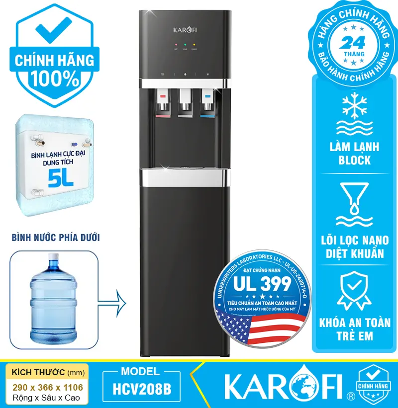 Cây nước nóng lạnh Karofi HCV208B - Bình chứa 5 Lít, mới 2026