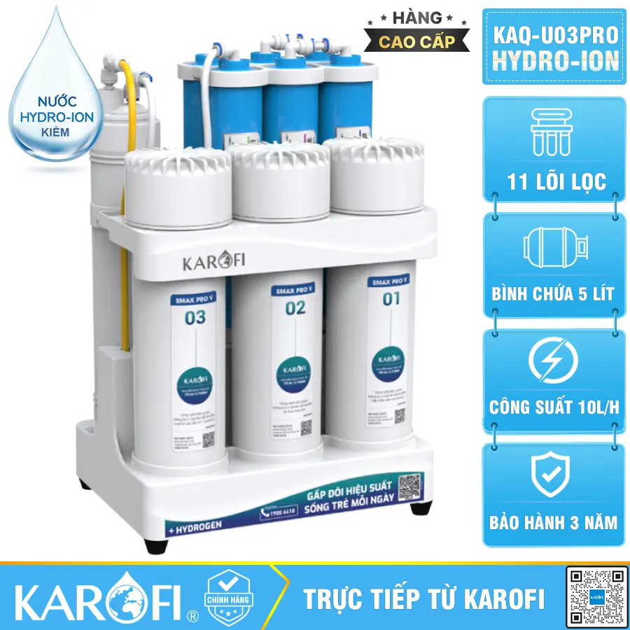 Máy lọc nước hydrogen ion kiềm Karofi KAQ-U03 PRO + HYDRO-iON KIỀM - 11 lõi