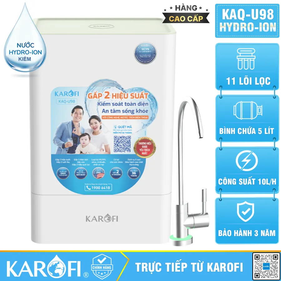 Máy lọc nước hydrogen ion kiềm Karofi KAQ-U98 + HYDRO-iON KIỀM - 11 lõi
